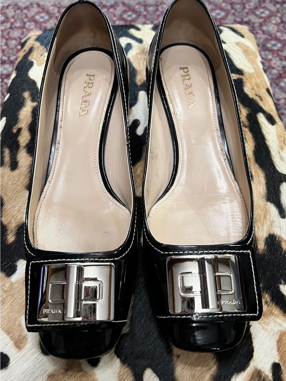 Prada Black Patent Leather Pumps with Silver Buckle